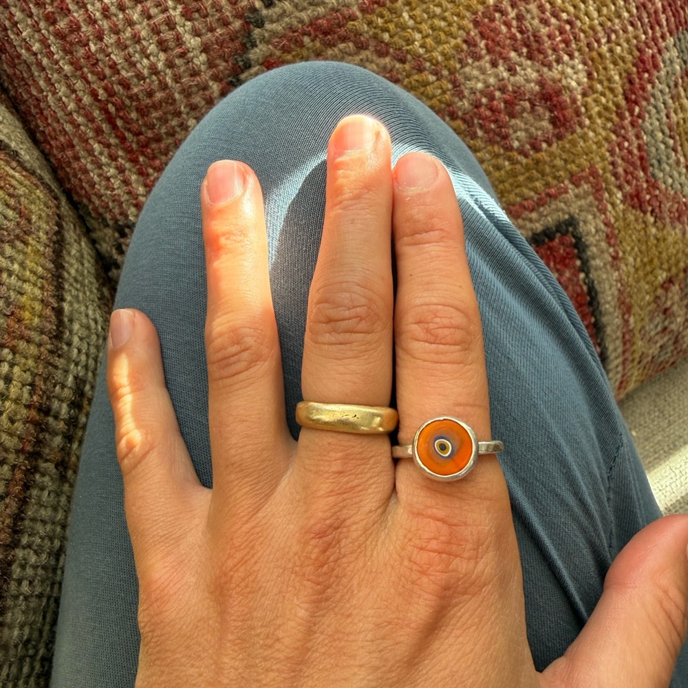 Handmade silver Orange glass evil eye Ring. 6.5